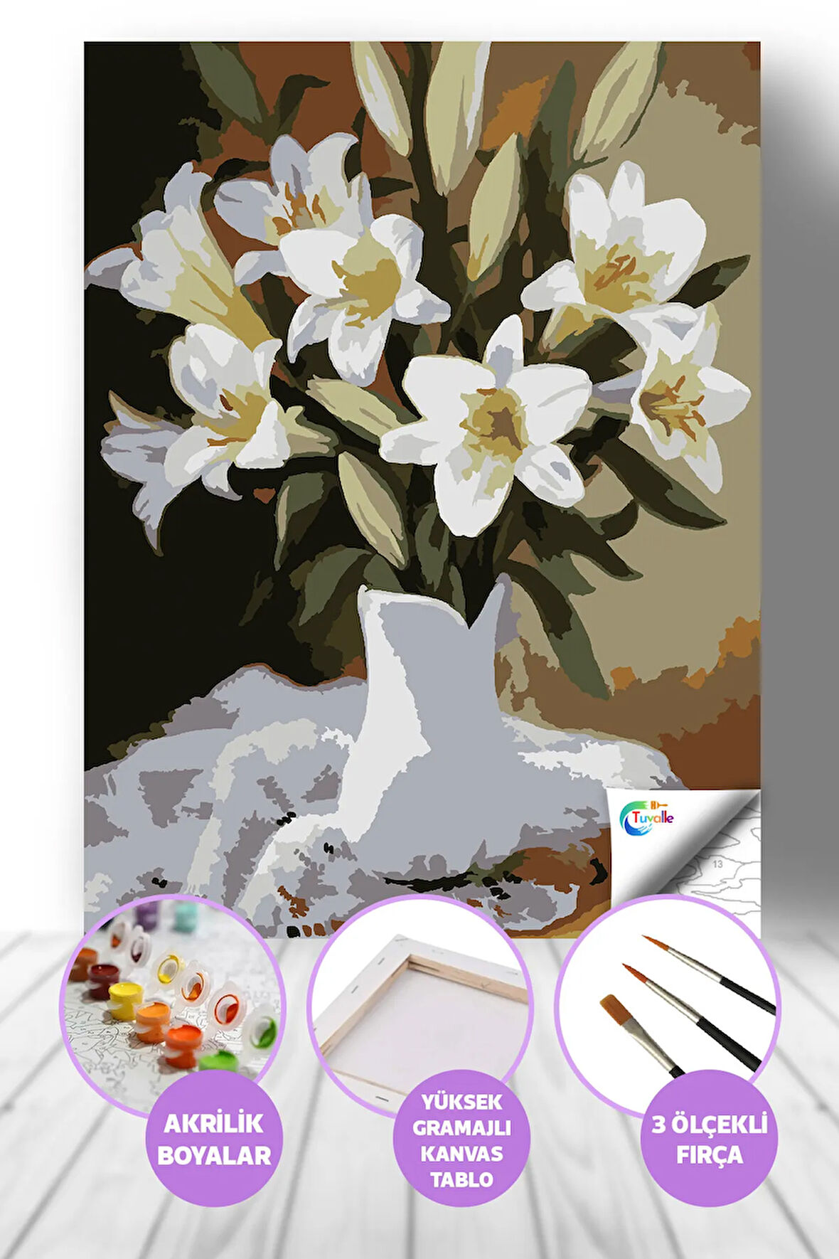 Zarif Zambaklar Sayılarla Boyama Seti, Hobi Seti, 40X50 Tablo, Fırça Boya, Numaralı Tuval