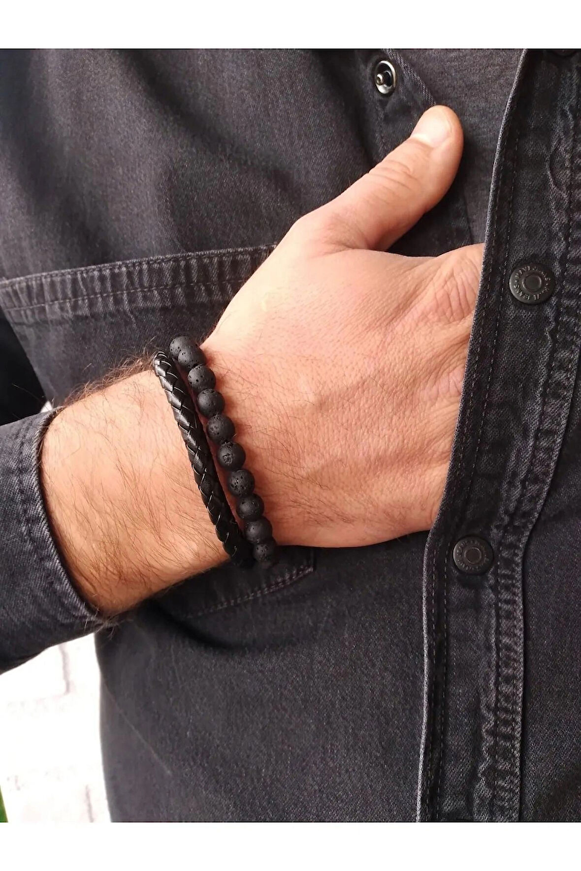 Erkek Lav Taşı Doğaltaş Kuvars Ve Deri Bileklik
