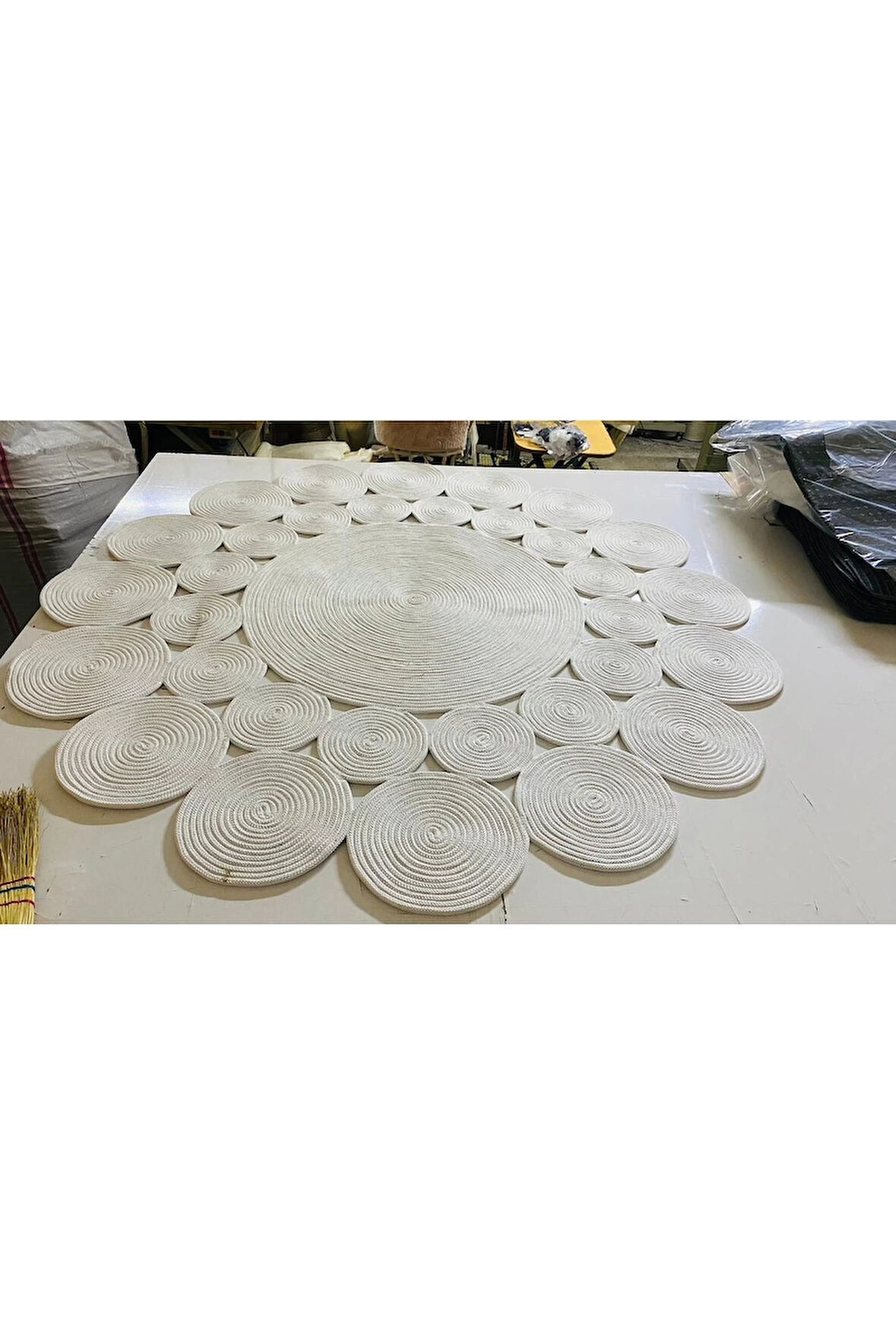 Krem Yuvarlak Örme Jüt Halı - Krem Hasır Halı - Örme Jüt Halı - Krem Jüt Halı - Krem Daire Halı