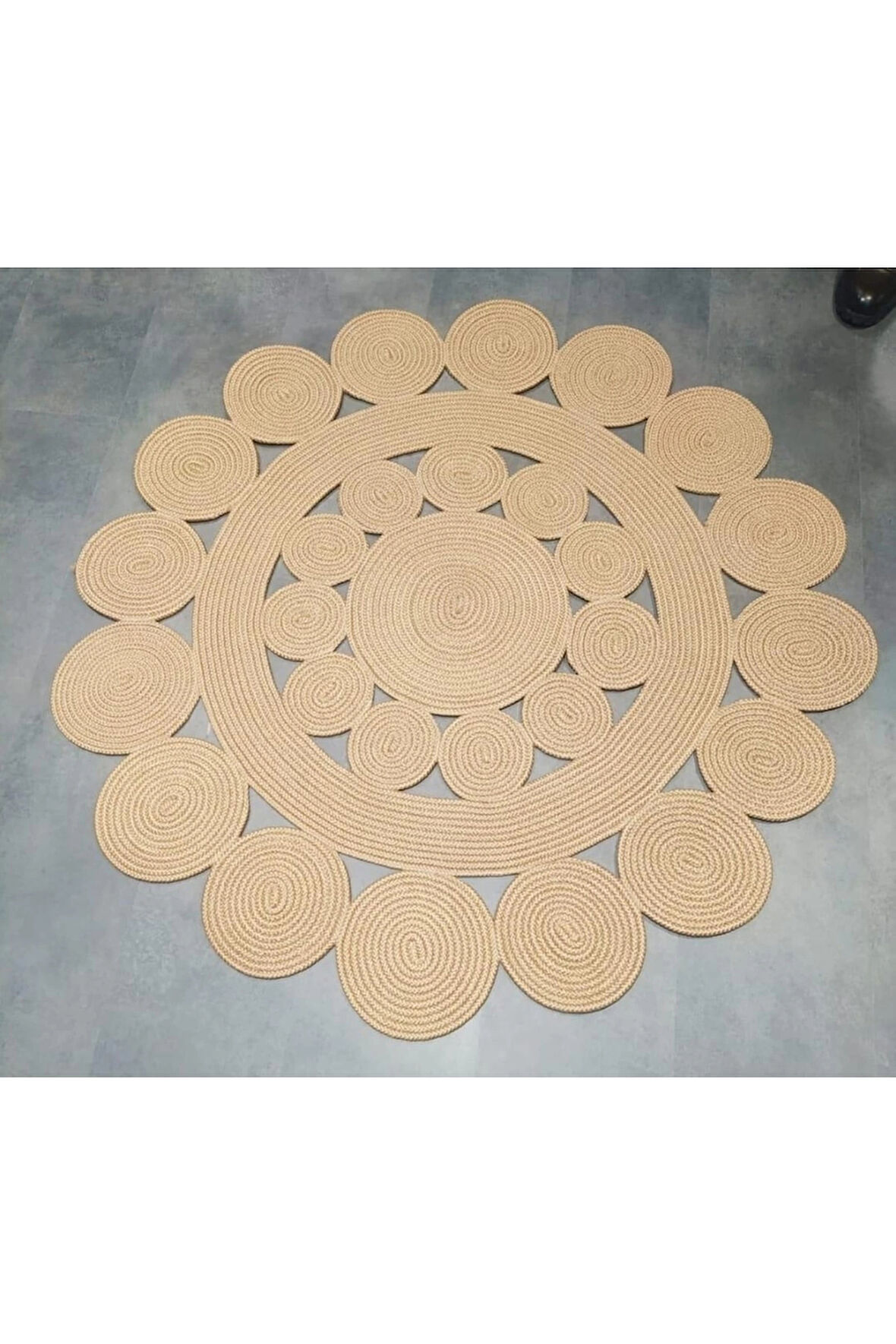 Bej Yuvarlak Örme Jüt Halı - Bej Hasır Halı - Örme Jüt Halı - Bej Jüt Halı - Bej Daire Halı