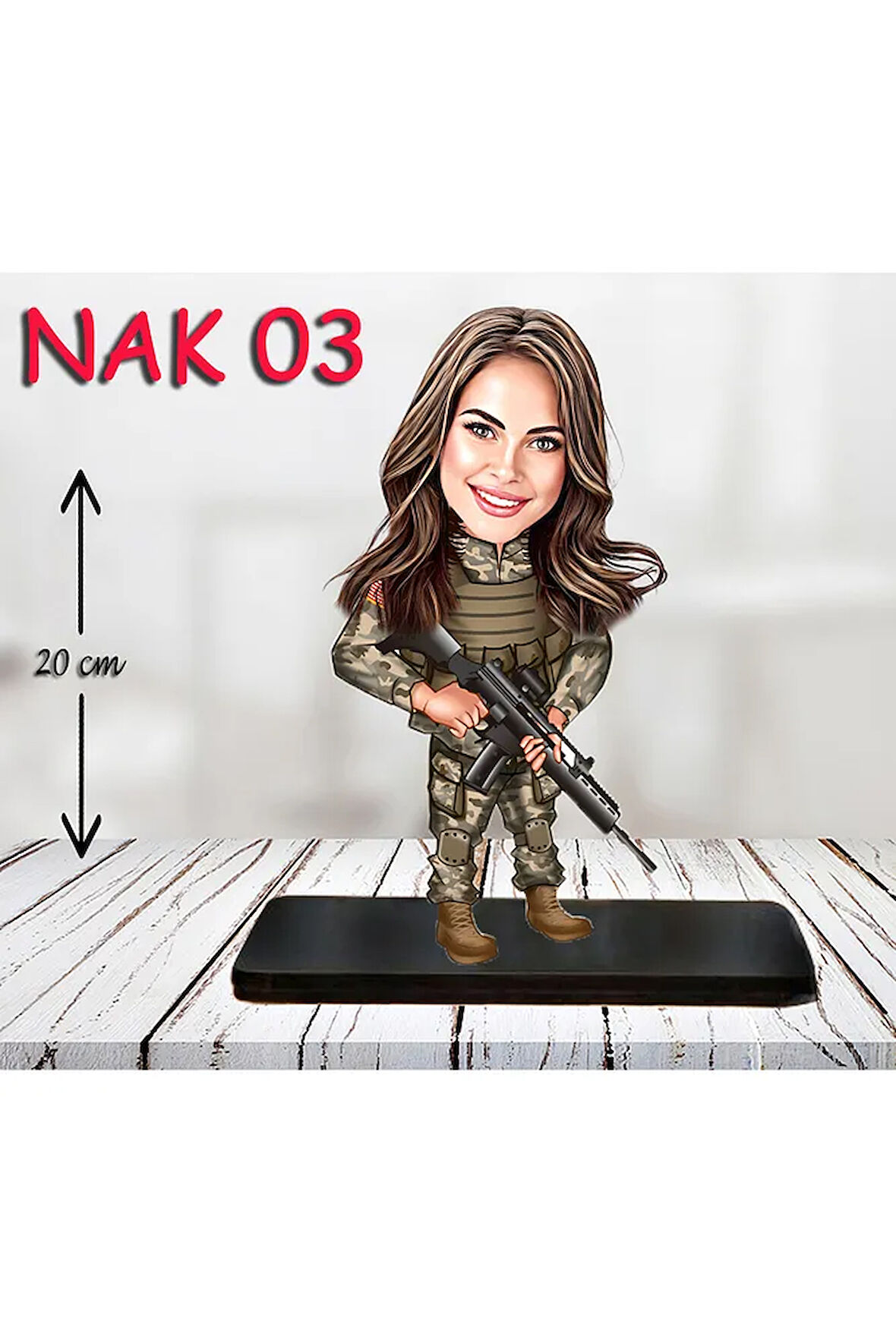 Kişiye Özel Ahşap Biblo - Kadın Asker Karikatür Biblo 3
