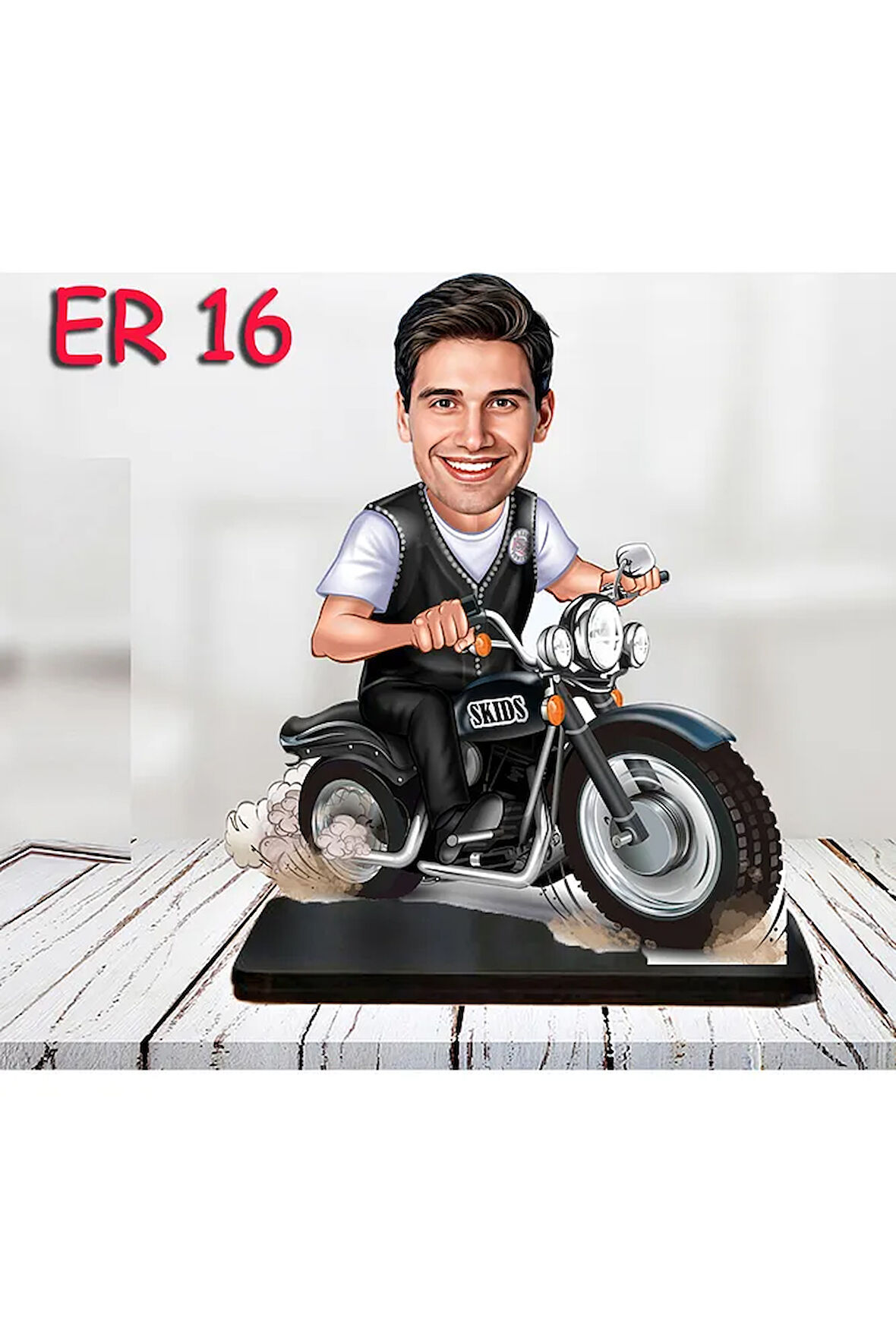 Kişiye Özel Ahşap Biblo - Motor Kullanan Erkek Karikatür Biblo
