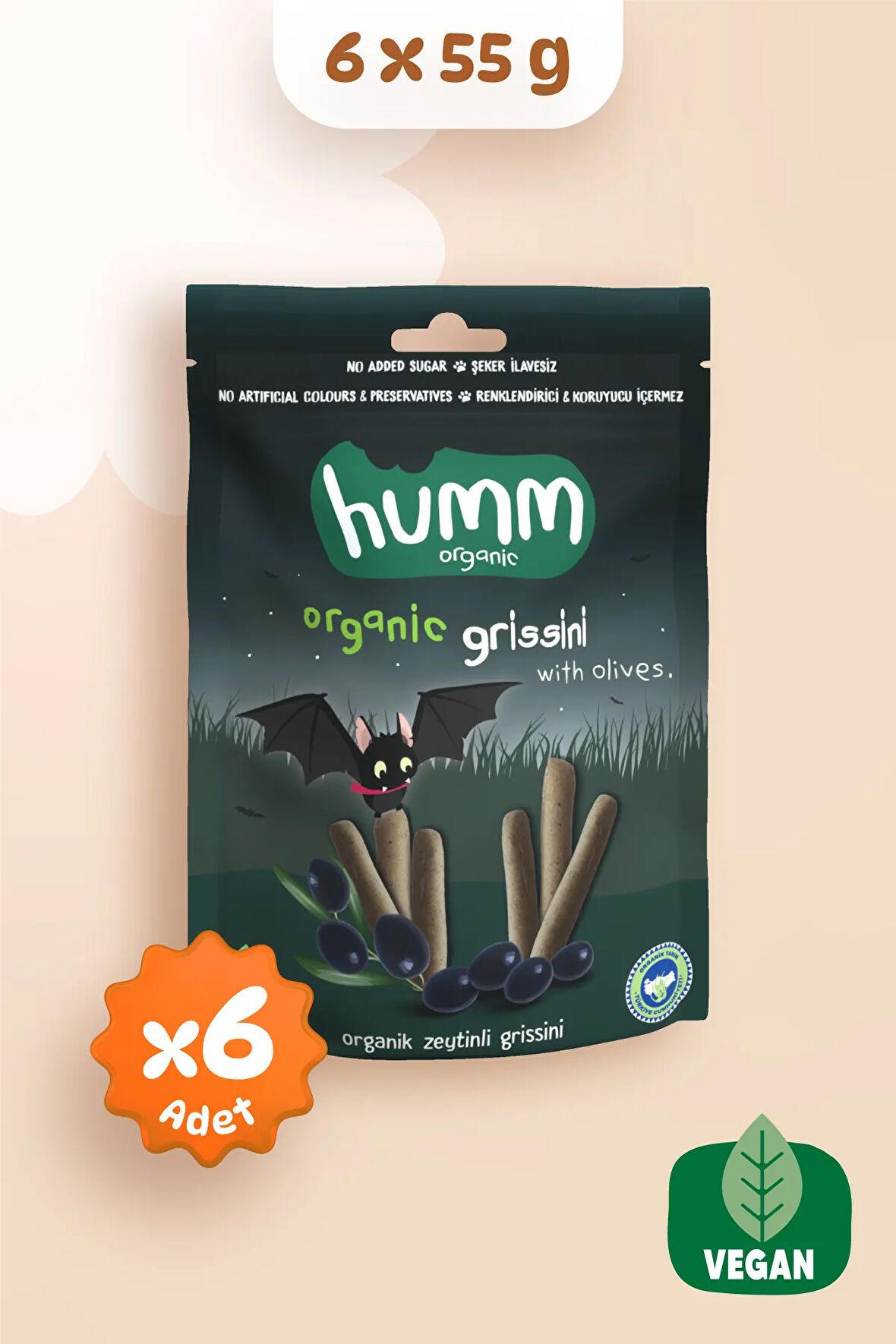 Humm Organic Organik Vegan Zeytinli Grissini Atıştırmalık Paketi - 55 G X 6 adet