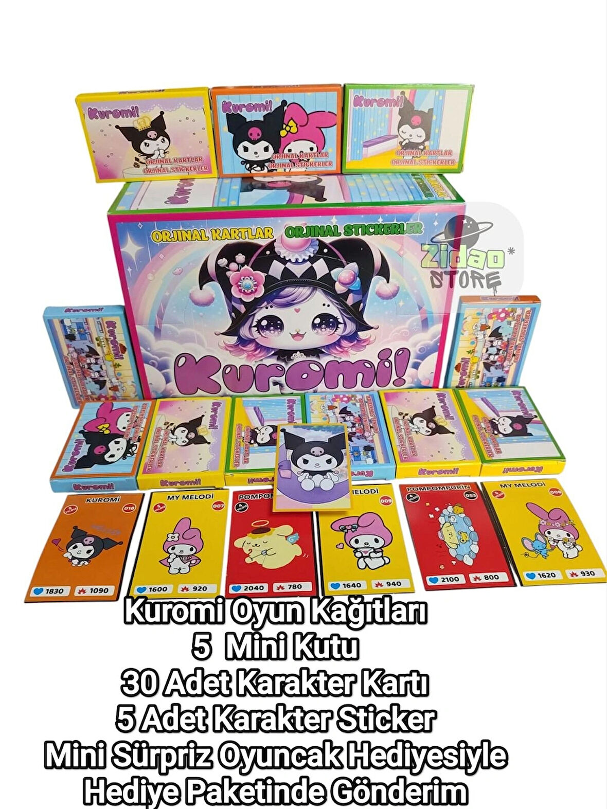  Kuromi Karakter Oyun Kağıtları 5 Mini Kutu 30 Kart + 5 Sticker | Şeker ve Mini Oyuncak Hediyeli