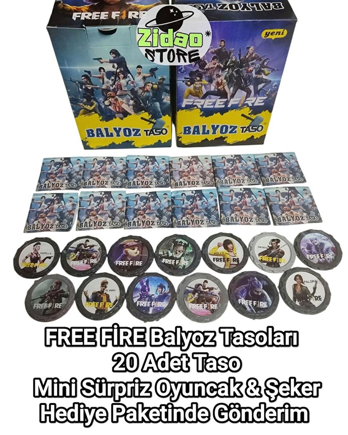 FREE FİRE Balyoz Tasoları 20 Adet Özel Seri Savaşçı Koleksiyon Taso Mini Oyuncak ve Şeker Hediyeli
