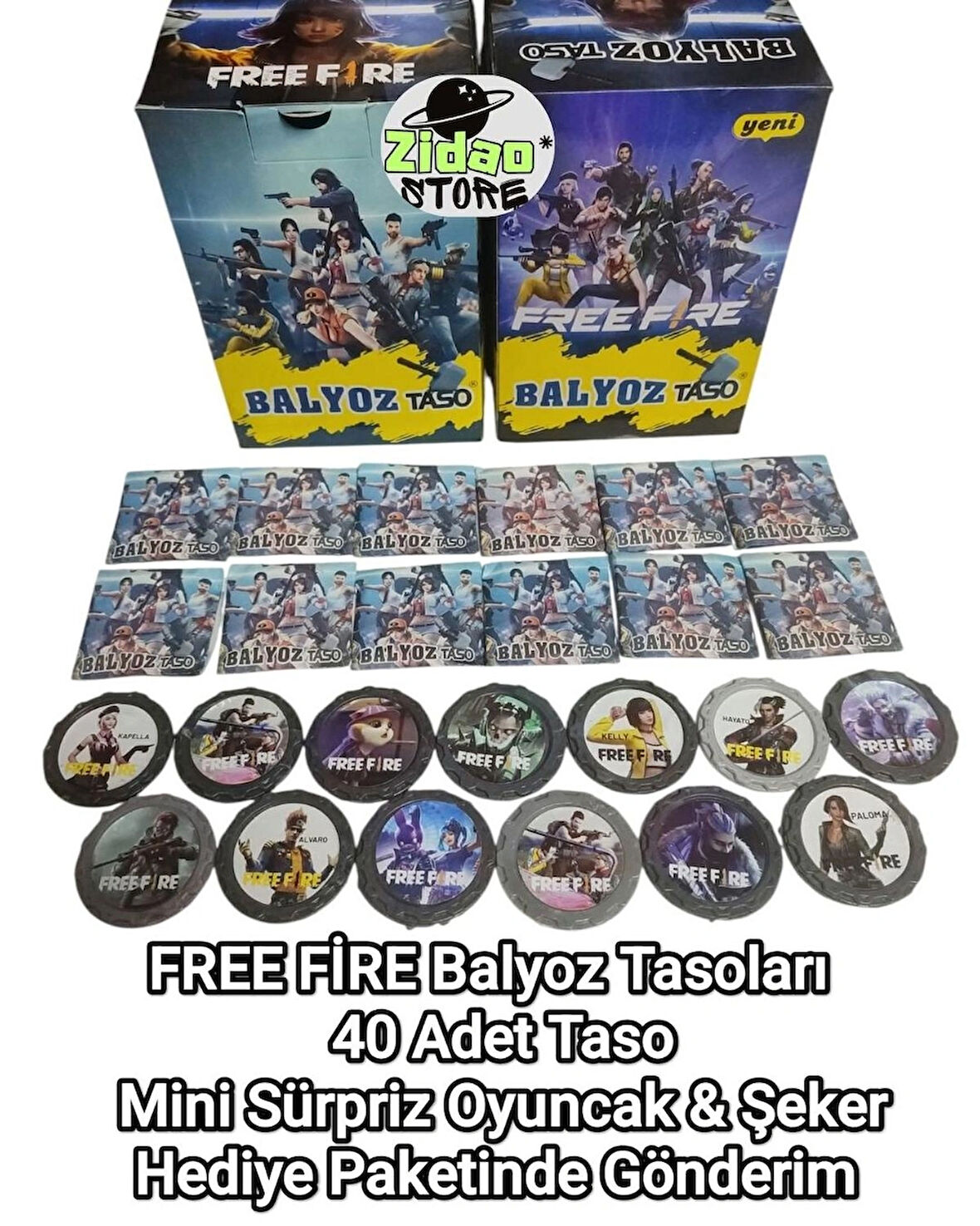 FREE FİRE Balyoz Tasoları 40 Adet Özel Seri Koleksiyon Savaşçı Taso Mini Oyuncak ve Şeker Hediyeli
