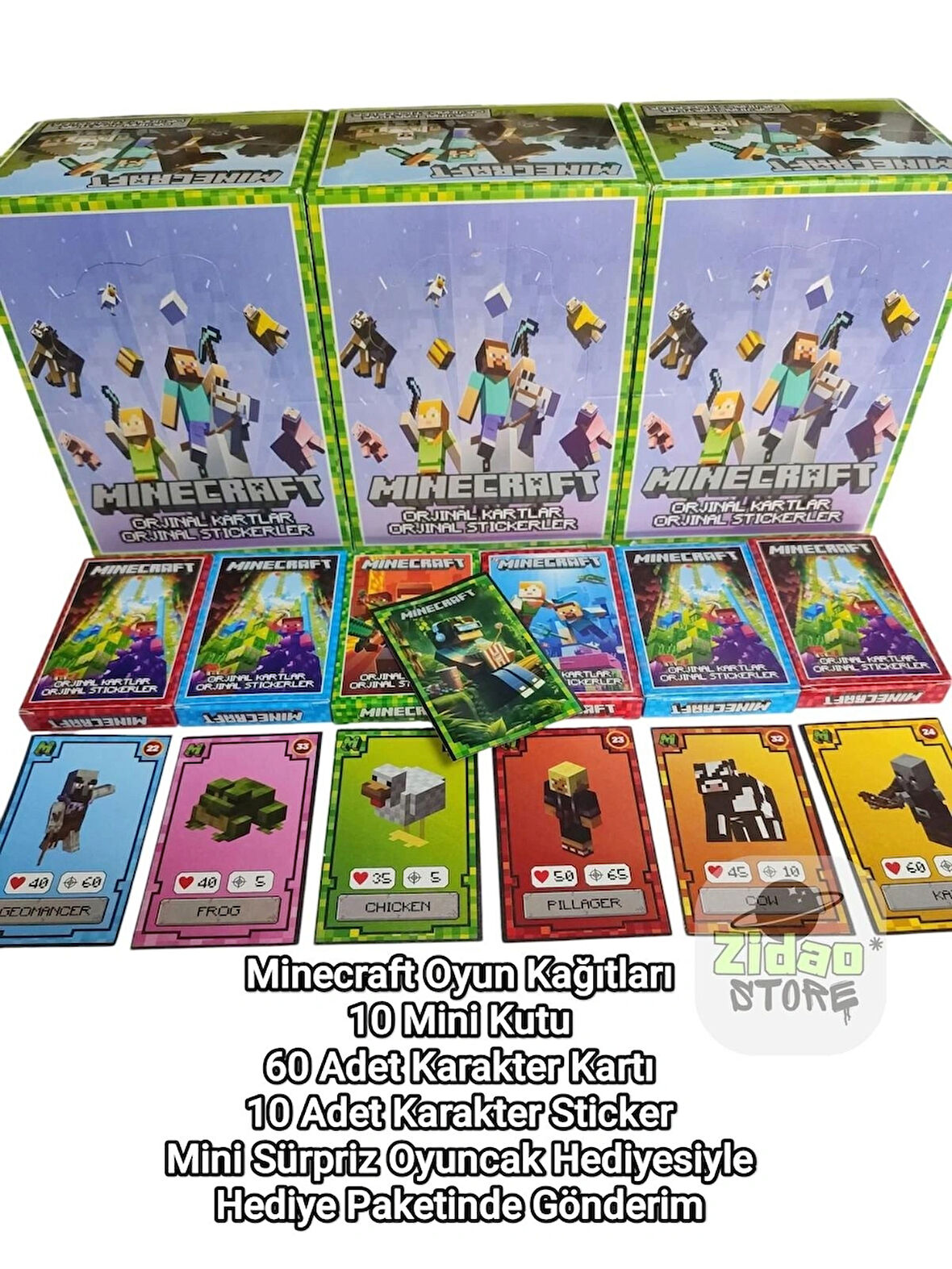 Minecraft Oyun Kartları 10 Mini Kutu 60 Karakter Kartı 10 Sticker Hediye Paketinde Oyuncaklı