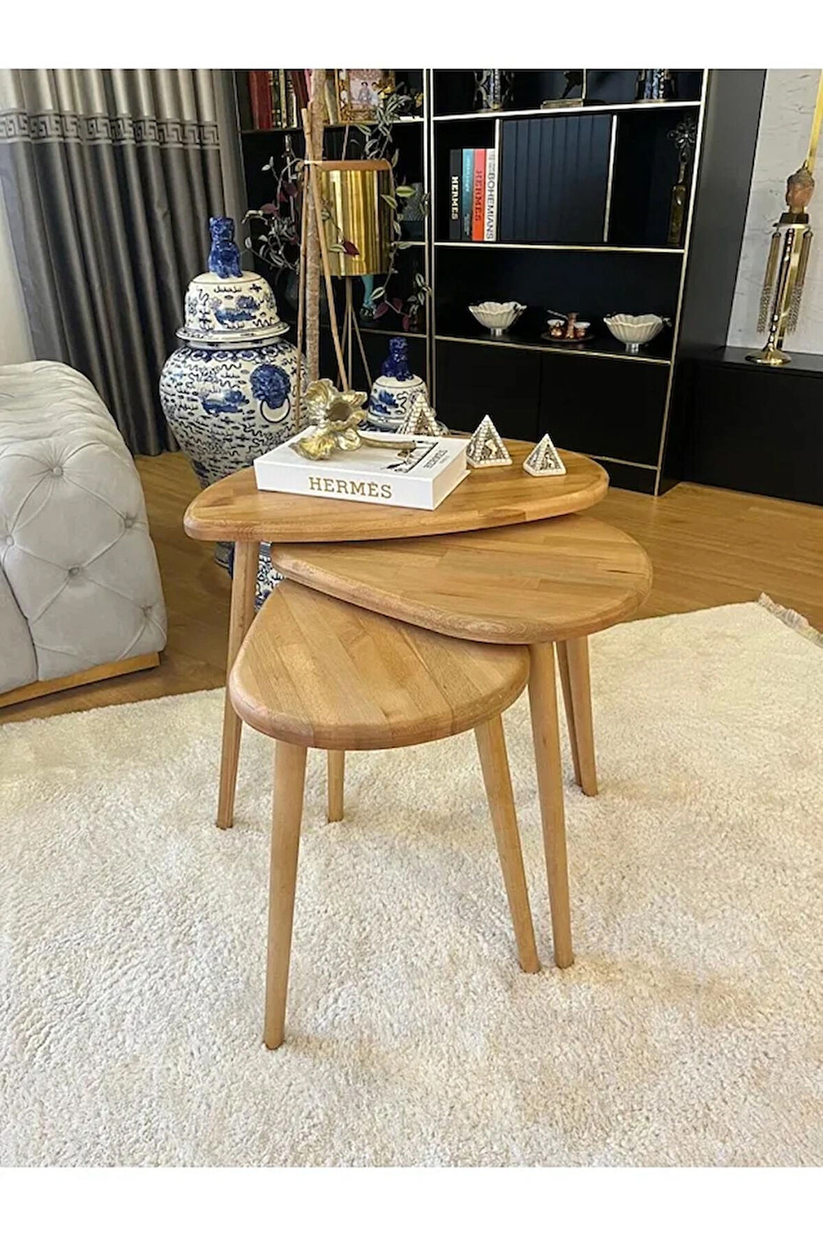 Fawdecor 3'lü Zigon Sehpa Seti Masif Doğal Ahşap