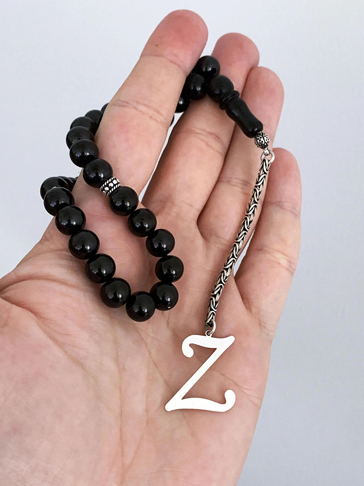 Z harfli 925 ayar gümüş püskül, harf ve ayraçlı oltu tesbih (kral zincir)