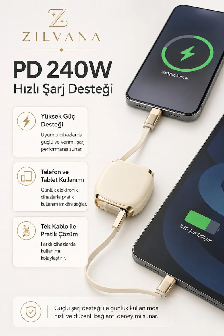 240W Type-C to Type-C Krem Teleskopik Şarj ve Veri Kablosu, Geri Sarılabilir Mini Tasarım, Kademeli Uzunluk Ayarı,Taşınabilir Hızlı Şarj Kablosu