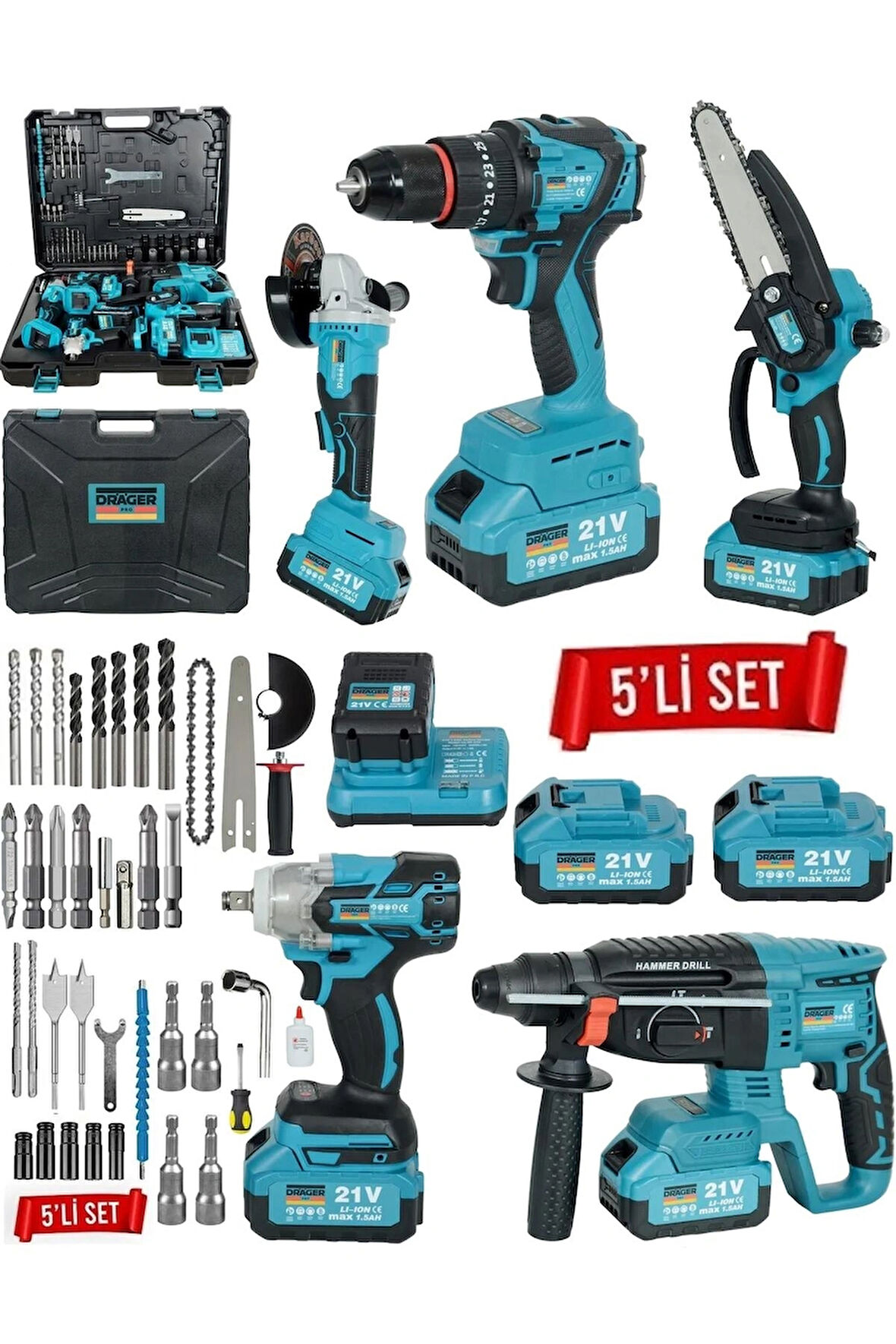 Zmr 5li Set Şarjlı Somun Sıkma + Matkap +Hilti + Taşlama + Testere Budama 