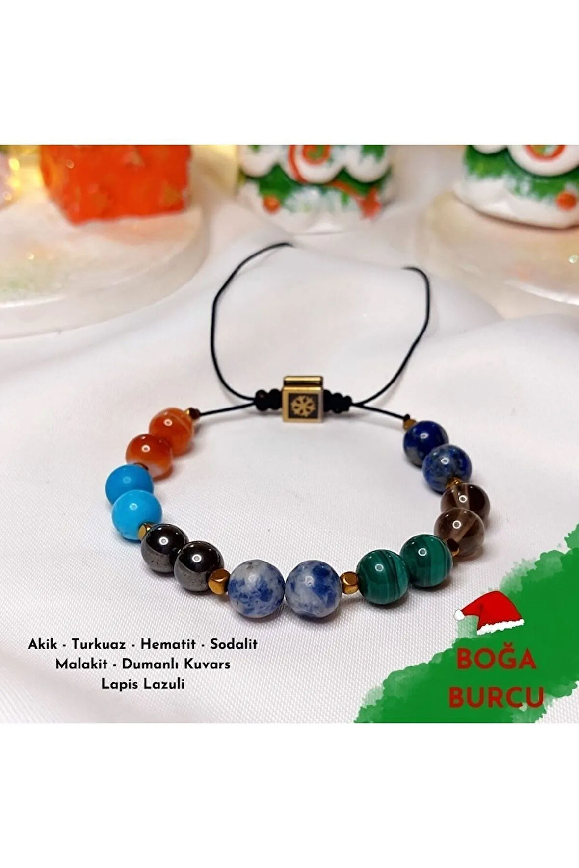 Boğa Burcu Ayarlanabilir Bileklik Akik, Turkuaz, Hematit, Dumanlı Kuvars,sodalit,malakit,lapislazuli