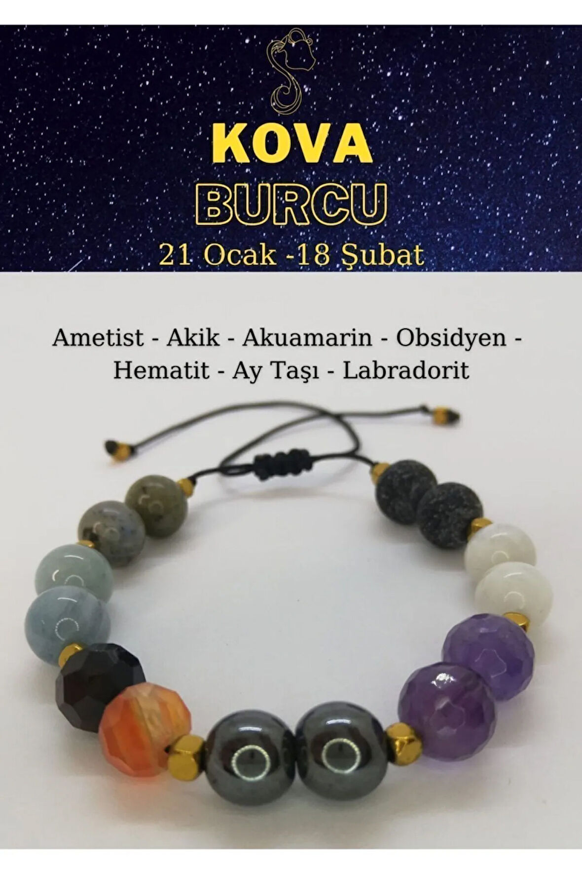 Kova Burcu Ayarlanabilir Bileklik Ametist, Labradorit, Obsidyen, Hematit, Akik, Akuamarin, Aytaşı