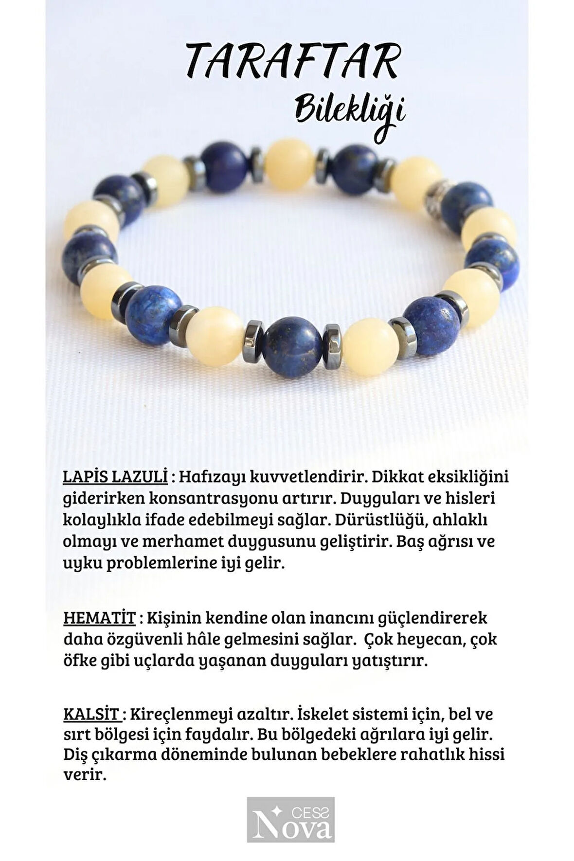 Sertifikalı Doğal Taş TARAFTAR Bilekliği Lapis- Kalsit- Hematit (ahşap Kutulu ) Citrin