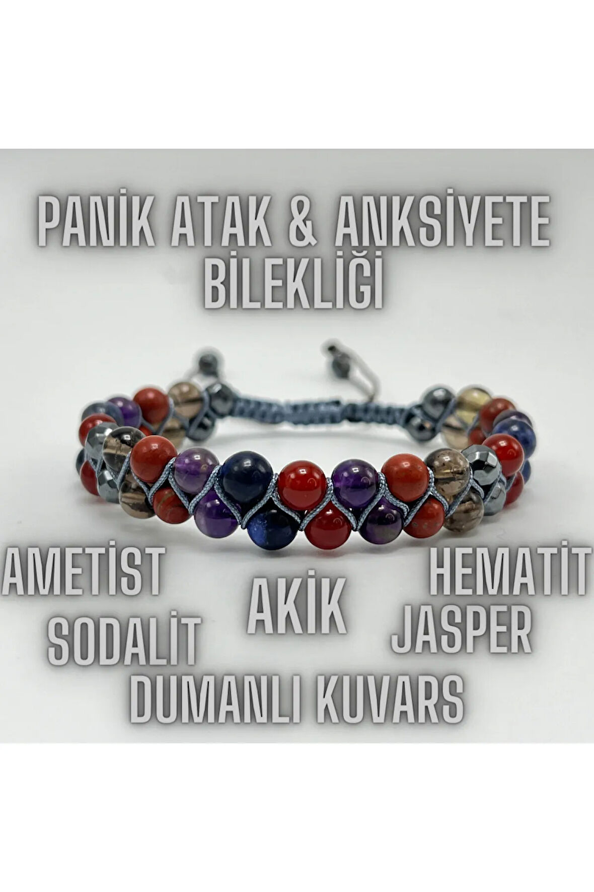 Sertifikalı Panikatak Anksiyete Doğal Taş Bileklik Sodalit Ametist Kuvars Akik Jasper Hematit