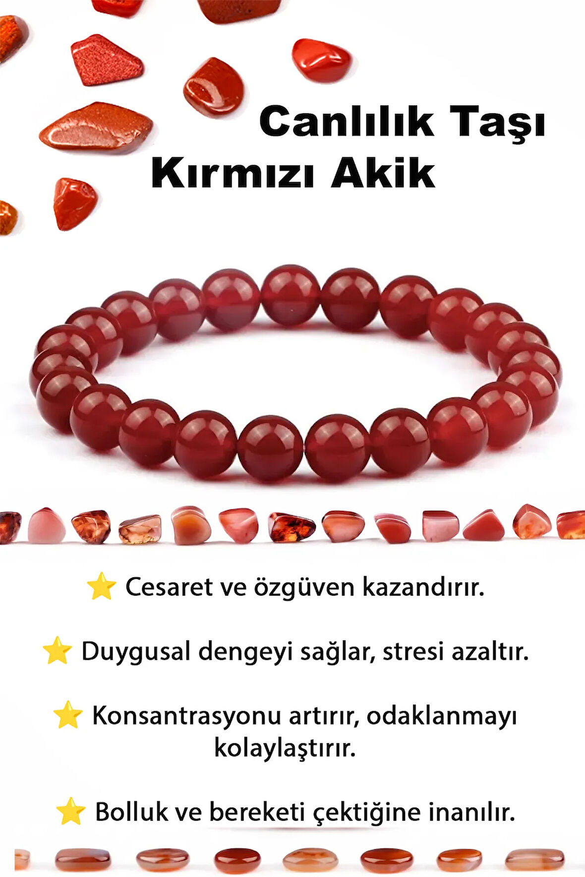 Doğaltaş Kırmızı Akik Charm Bileklik Şık Enerji Stres Başarı Bilekliği