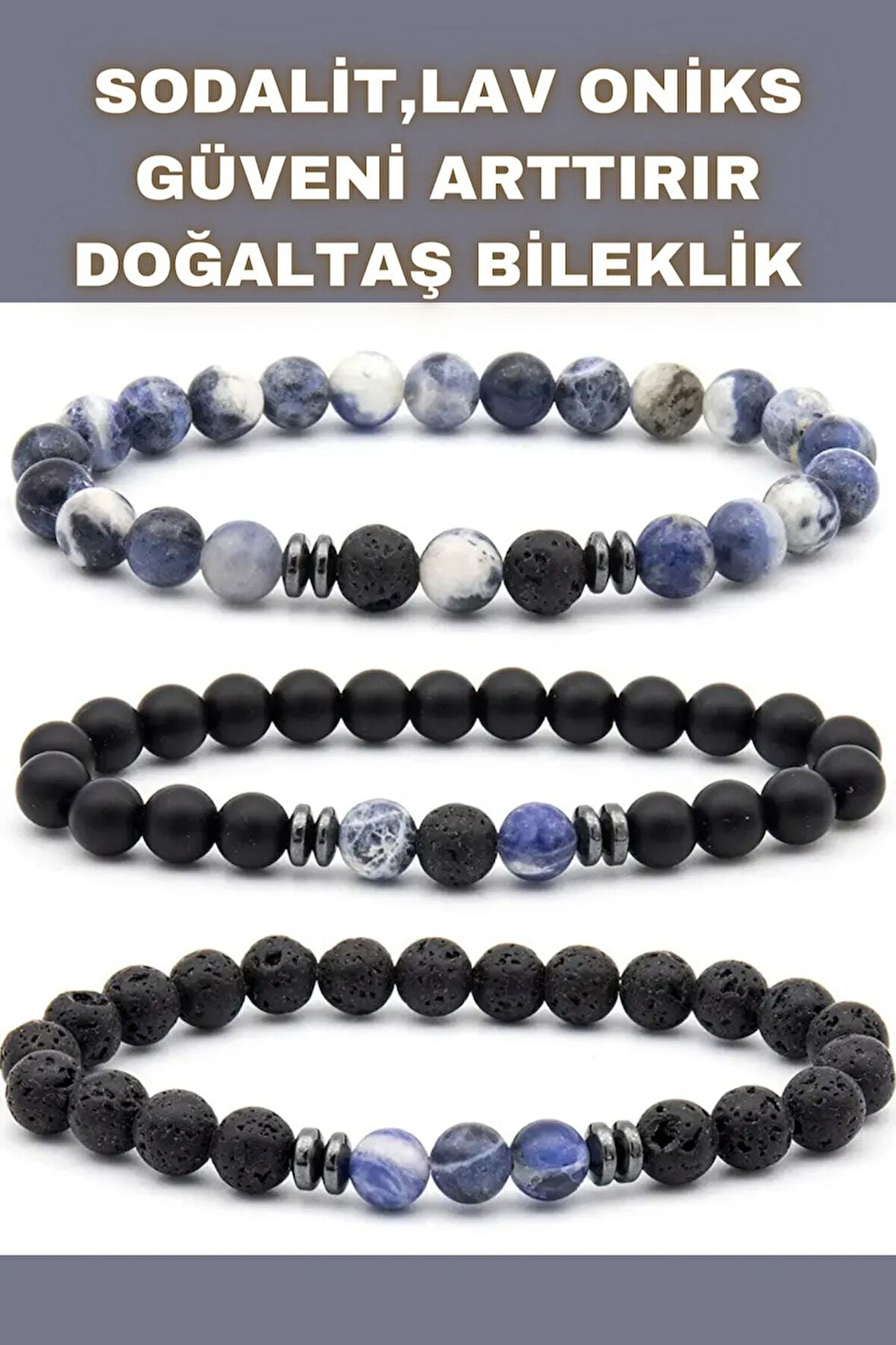 Sodalit , Oniks , Lav Doğal Taş Bileklik Seti ( Mantıksal Düşünme Ve Problem Çözme ) 6 Mm