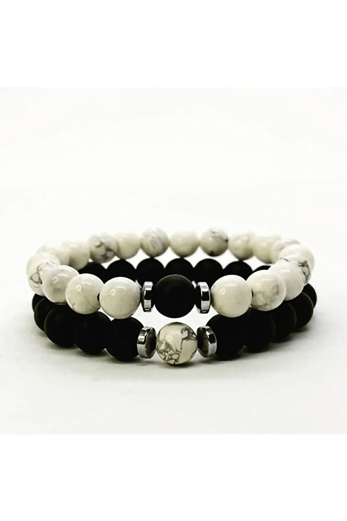 (H)unisex Siyah Beyaz Havlit & Oniks Sevgili Bileklikleri 8mm Doğaltaş