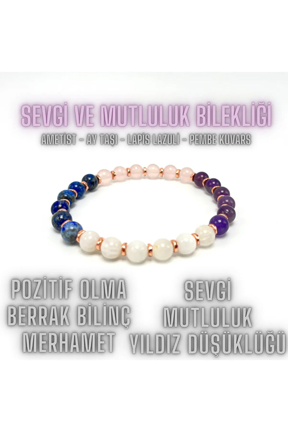 SERTİFİKALI Sevgi ve Mutluluk Bilekliği  Doğal Taş 6mm Misinalı Ay T. Pembe K. Lapis Ametist