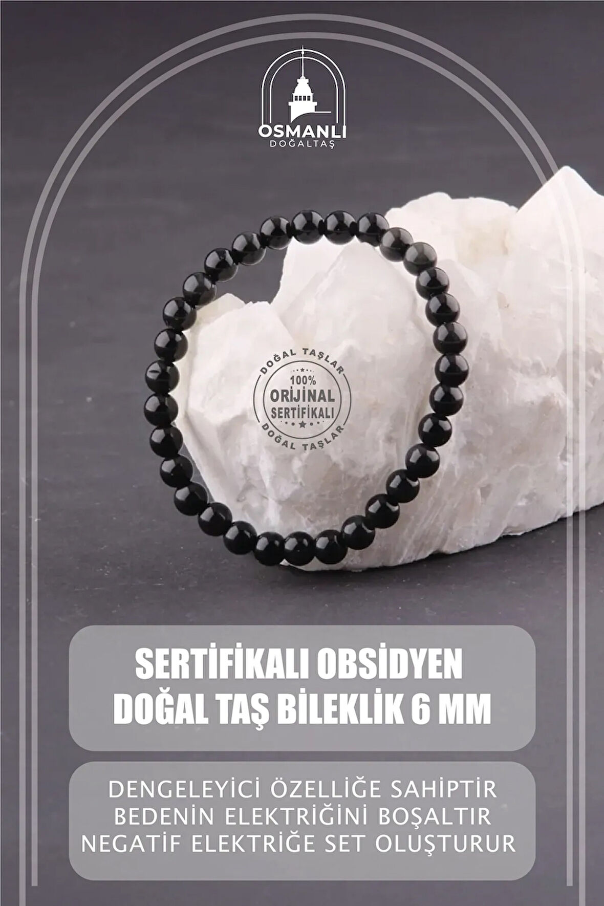 Sertifikalı Obsidyen Doğal Taş Bileklik 6 Mm - B839