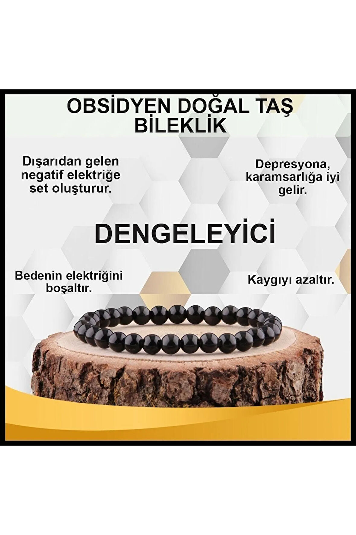 Sertifikalı Obsidyen Doğal Taş Bileklik 8 Mm - B839