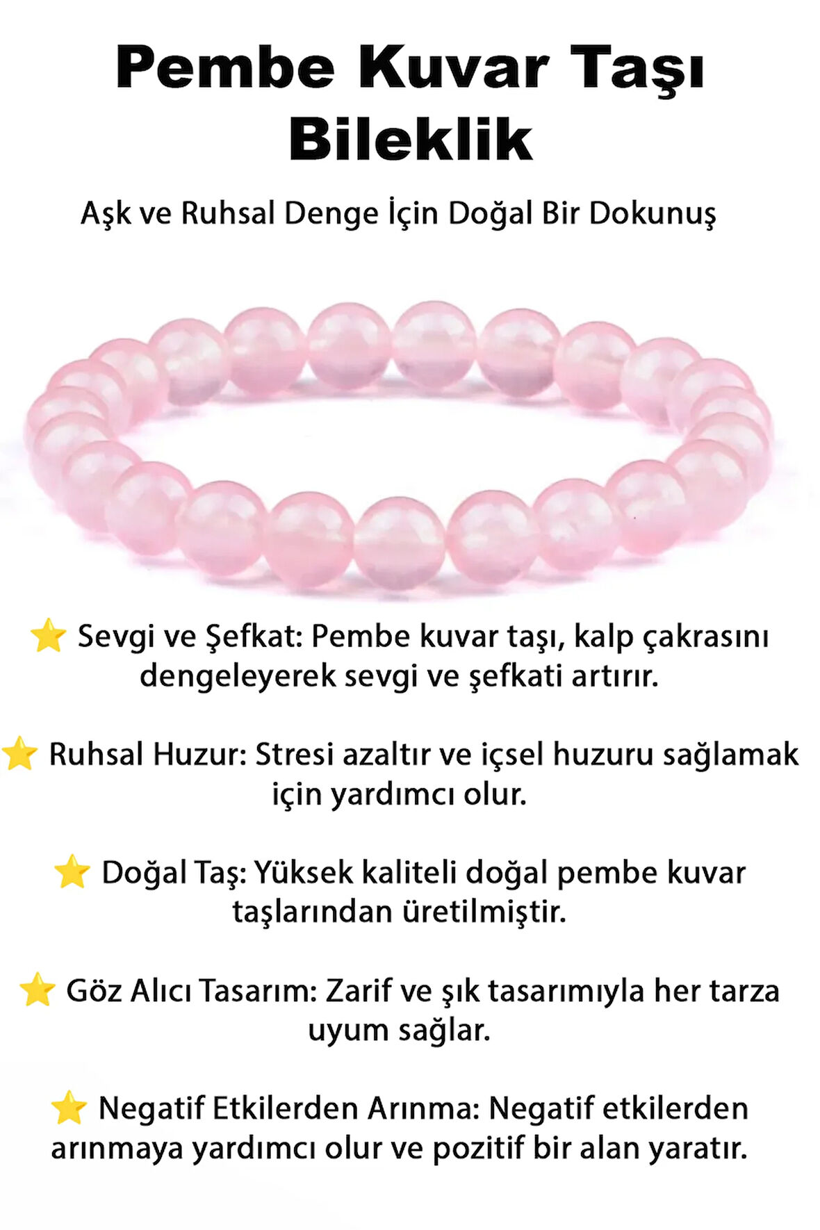 Doğaltaş Gül Kuvars Charm Bileklik Şık Enerji Stres Başarı Bilekliği