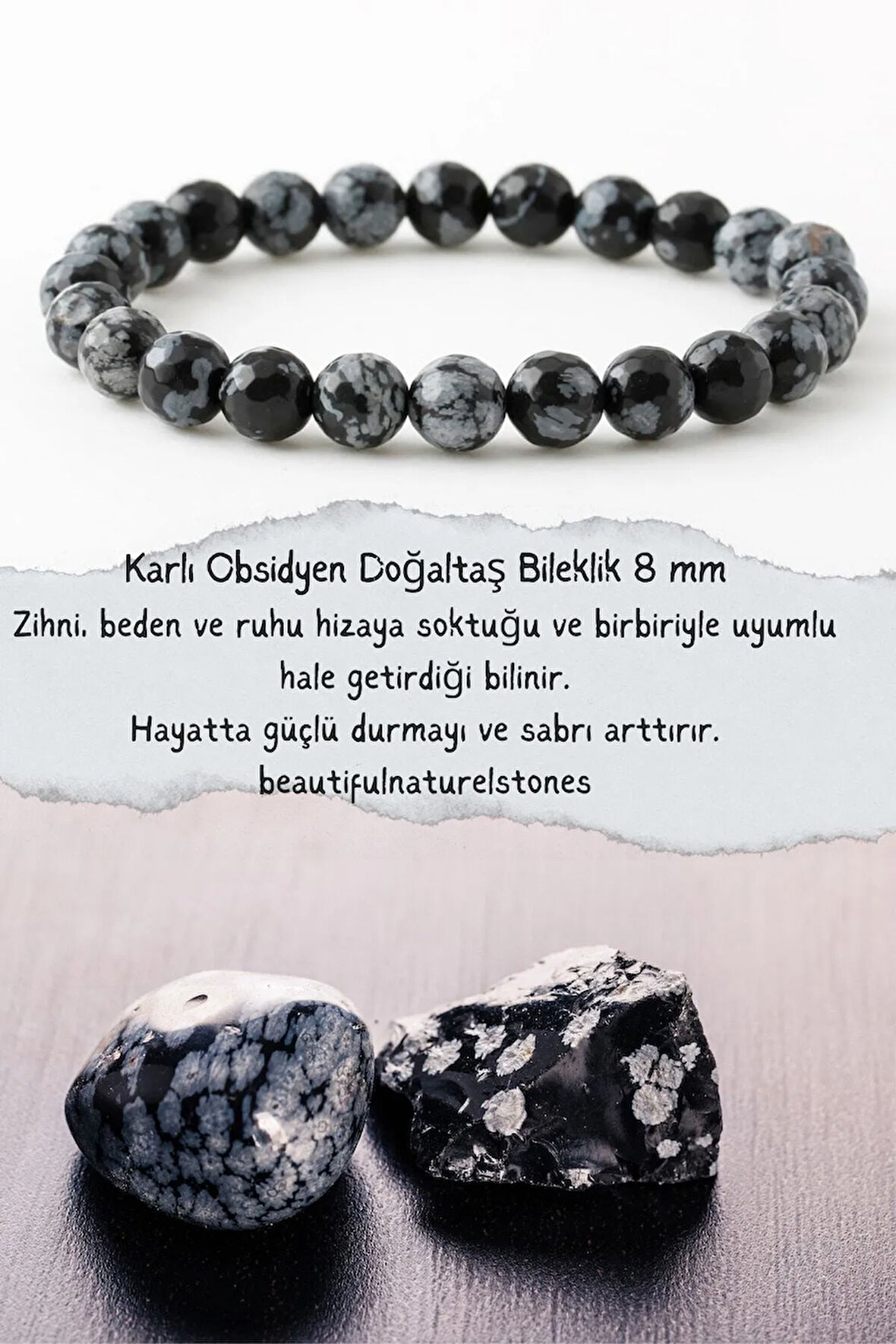 Karlı Obsidyen Doğaltaş Bileklik 8 Mm ( Taş Hediyeli )(negatif Duygu, His Ve Enerjiye Karşı Kalkan )