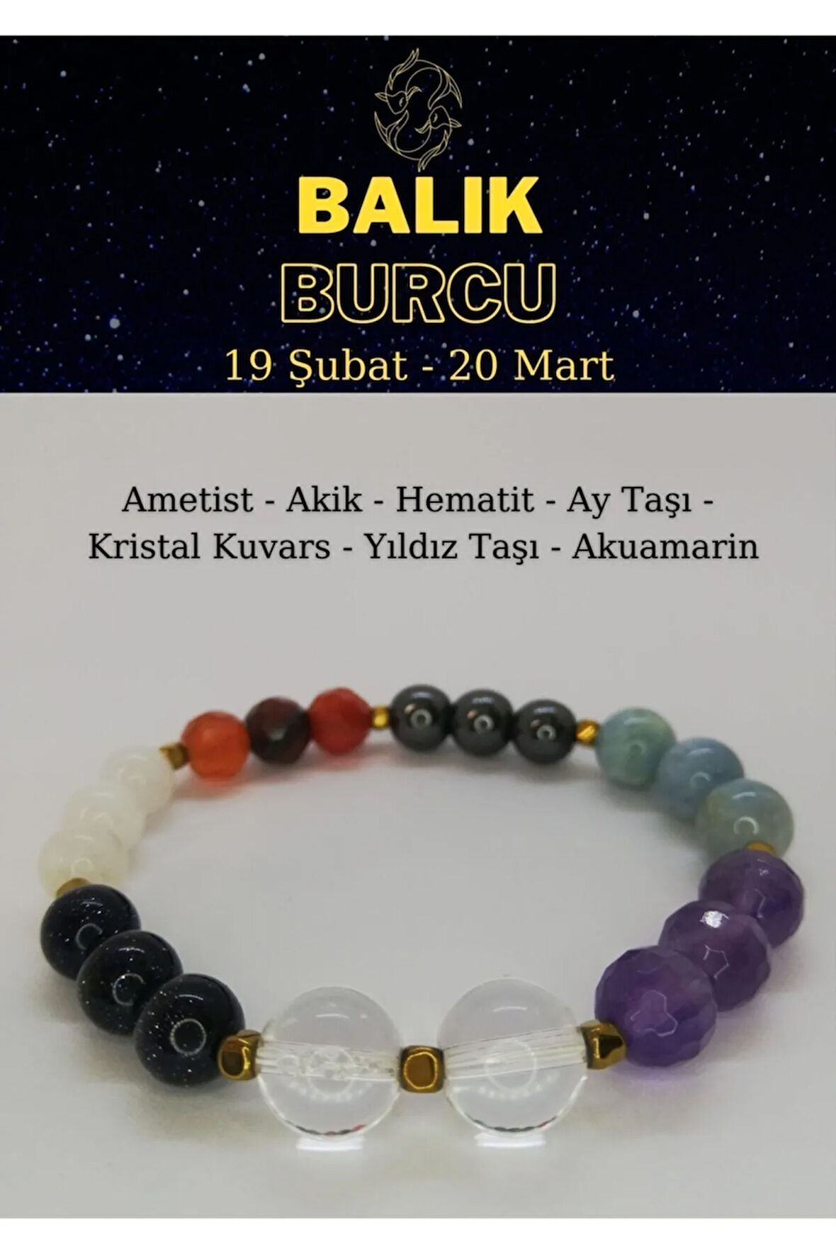 Balık Burcu Bilekliği Ametist, Akik, Aytaşı, Kristal Kuvars, Akuamarin, Yıldız Taşı, Hematit