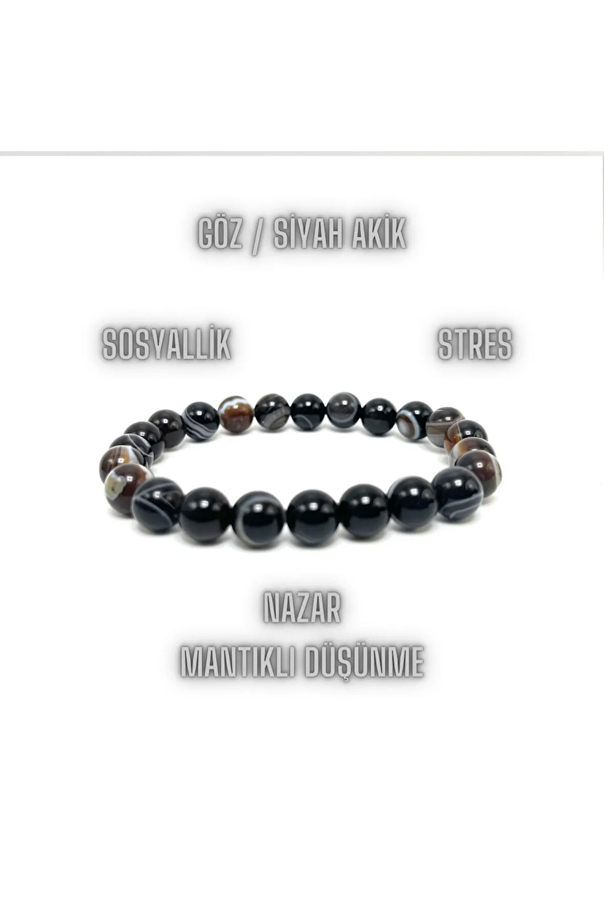 Sertifikalı Siyah Göz Akik 8mm Elastik Misinalı Doğal Taş Bileklik
