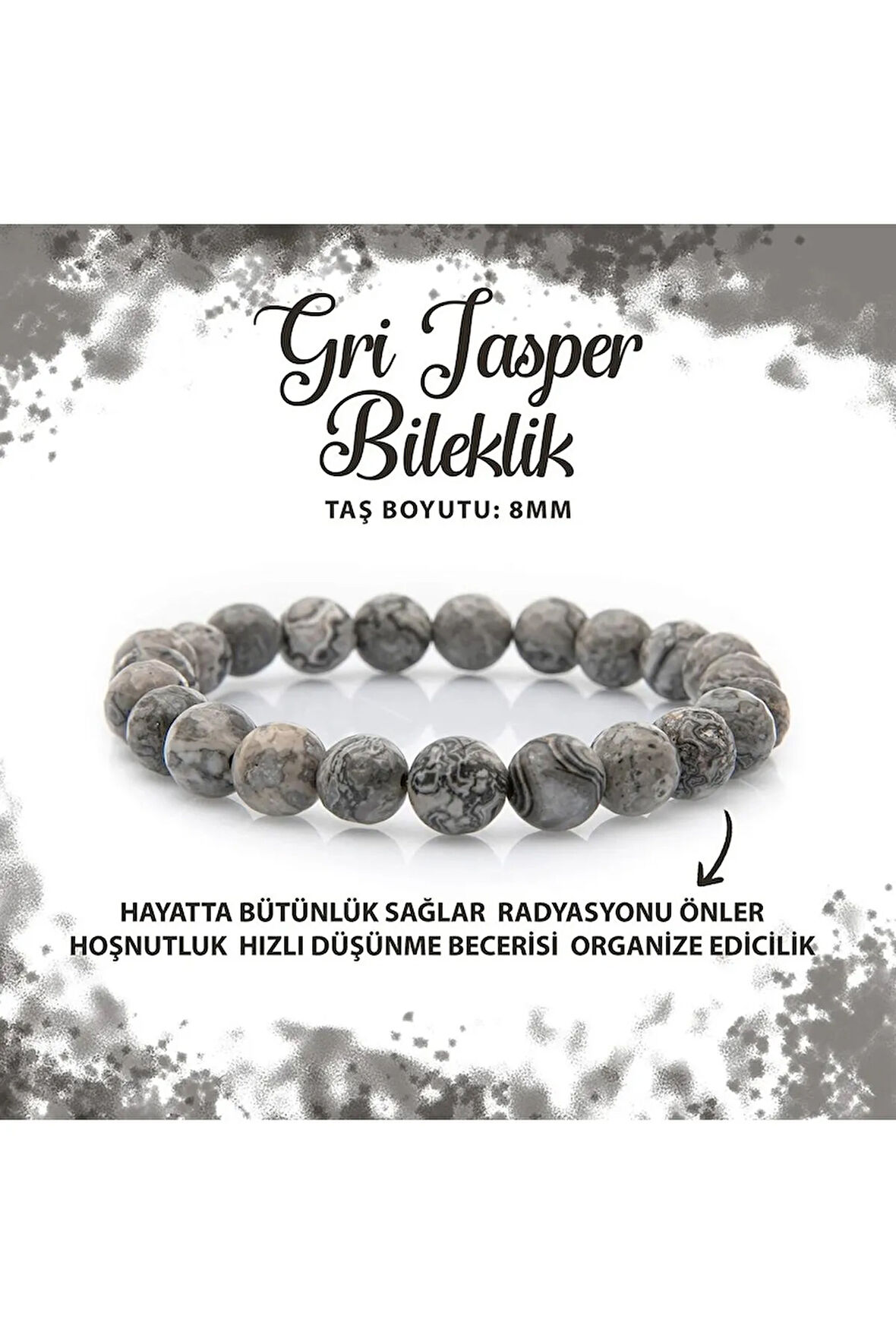 SERTİFİKALI GRİ JASPER DOĞAL TAŞ BİLEKLİK 8 MM
