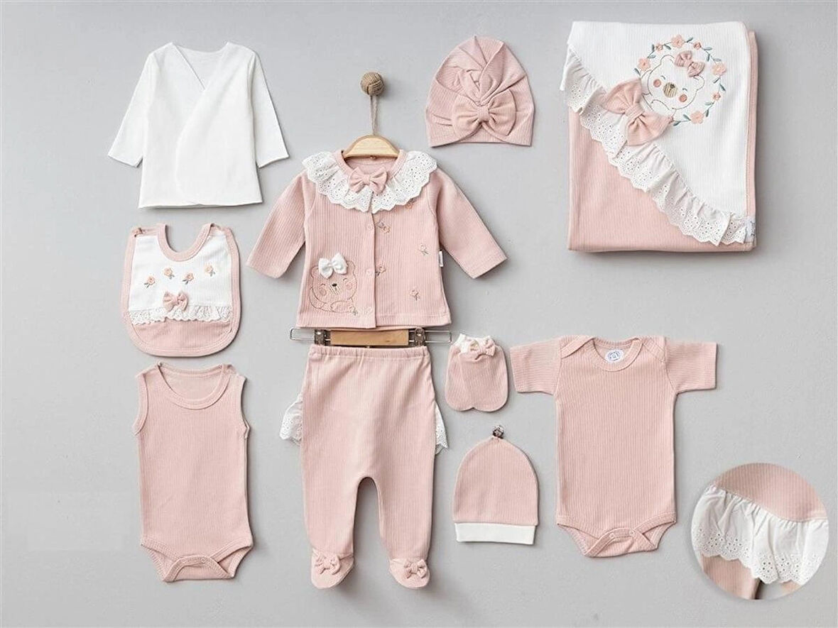 ORGANİK KIZ BEBEK 0-3 AY SÜSLÜ AYICIK 10 LU HASTANE ÇIKIŞ ZIBIN SET