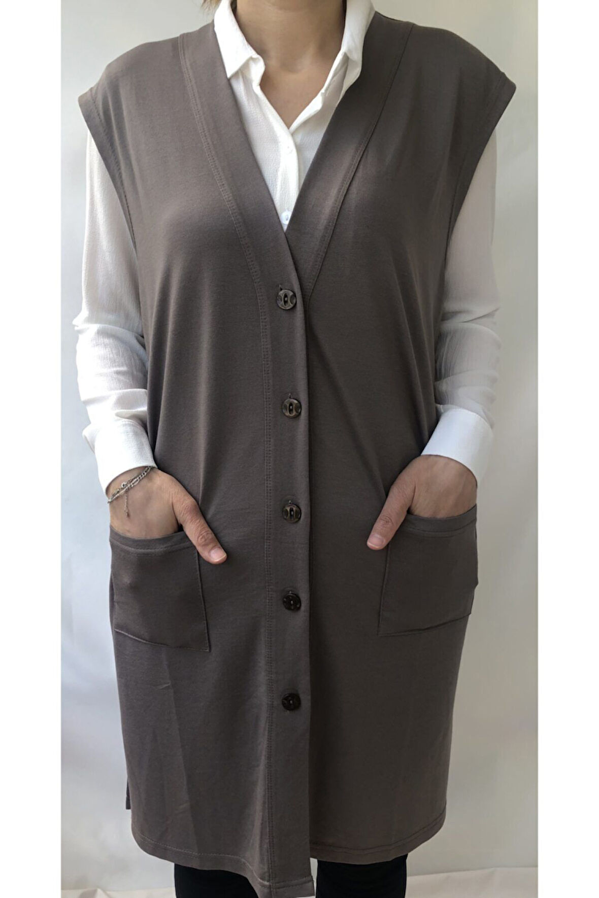 Kadın Vizon  Büyük Beden Uzun Düğmeli Yelek