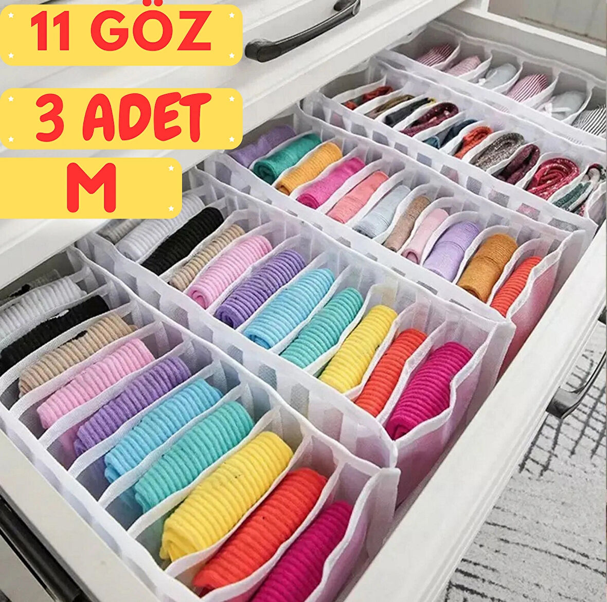 3 Adet 11 Gözlü Çekmece İçi Organizer & Düzenleyici Cepli Çamaşır Çorap Kravat Organizeri - Medium