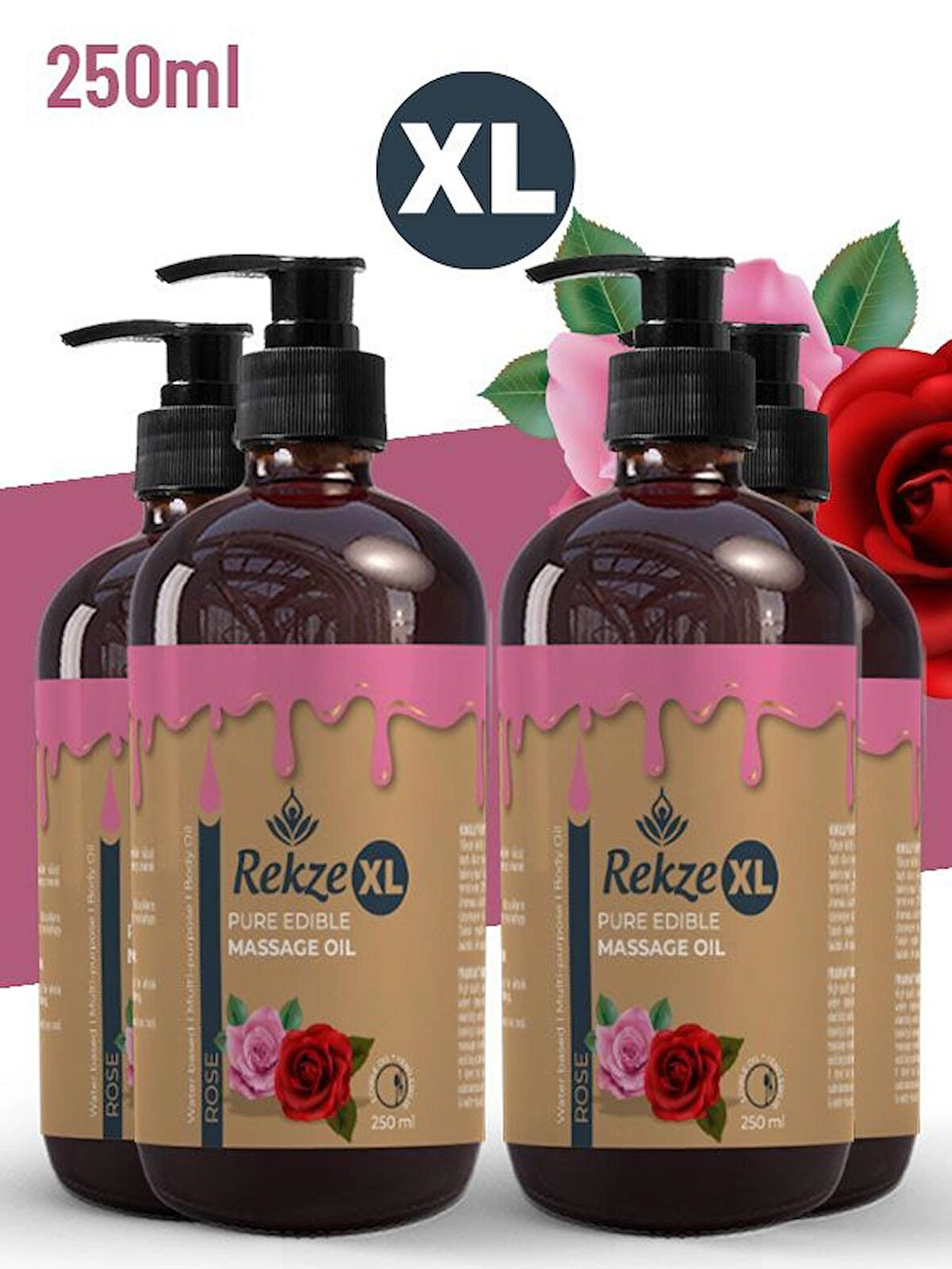 Rekze 4 Adet Büyük Boy Gül Aromalı Masaj Yagı    Etkili Yenilir Aromaterapi 250 ml