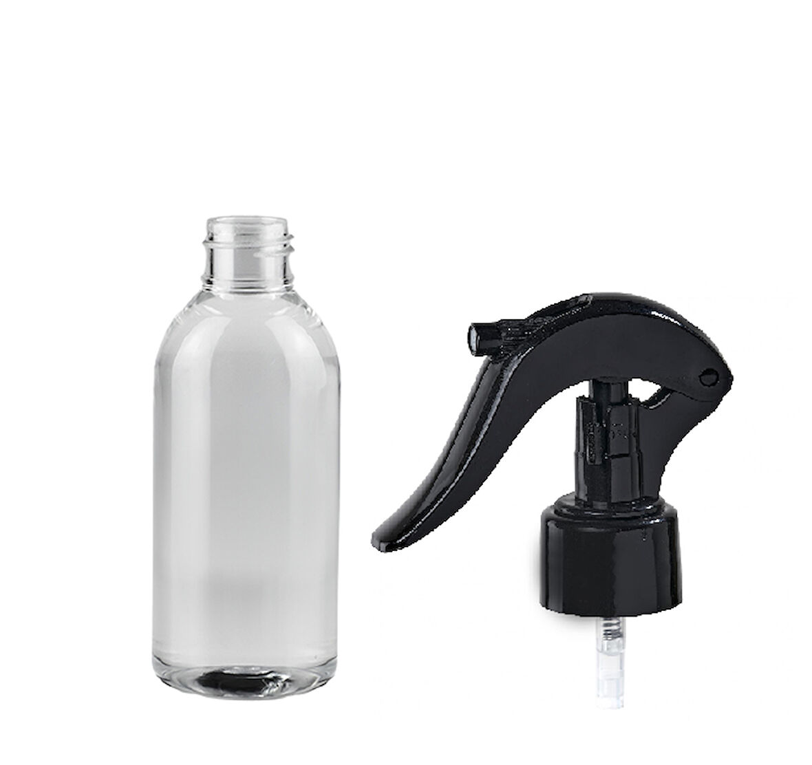 100ml PE şeffaf triger sprey başlıklı şişe, 12 adet, sprey şişesi, triger başlıklı şişe, kozmetik şişe, sanayi tipi şişe, plastik şişe