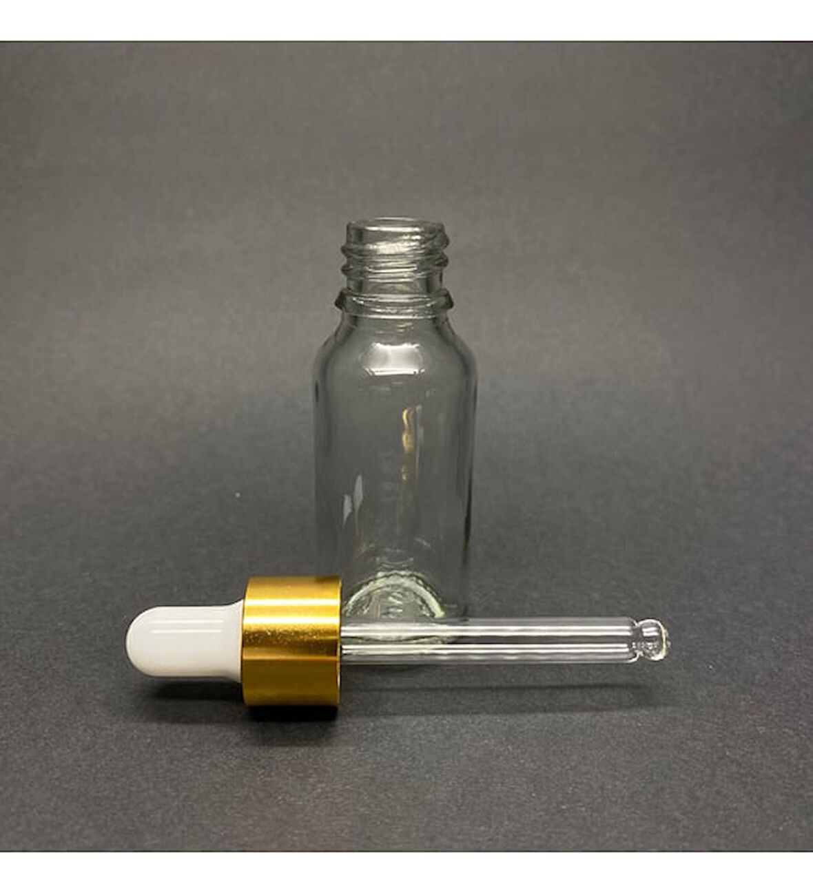 20ml Şeffaf, Cam Şişe, 12 adet, Cam Damlalıklı, Ecza şişesi, Propolis şişesi, Gold Kapak Beyaz Emzik