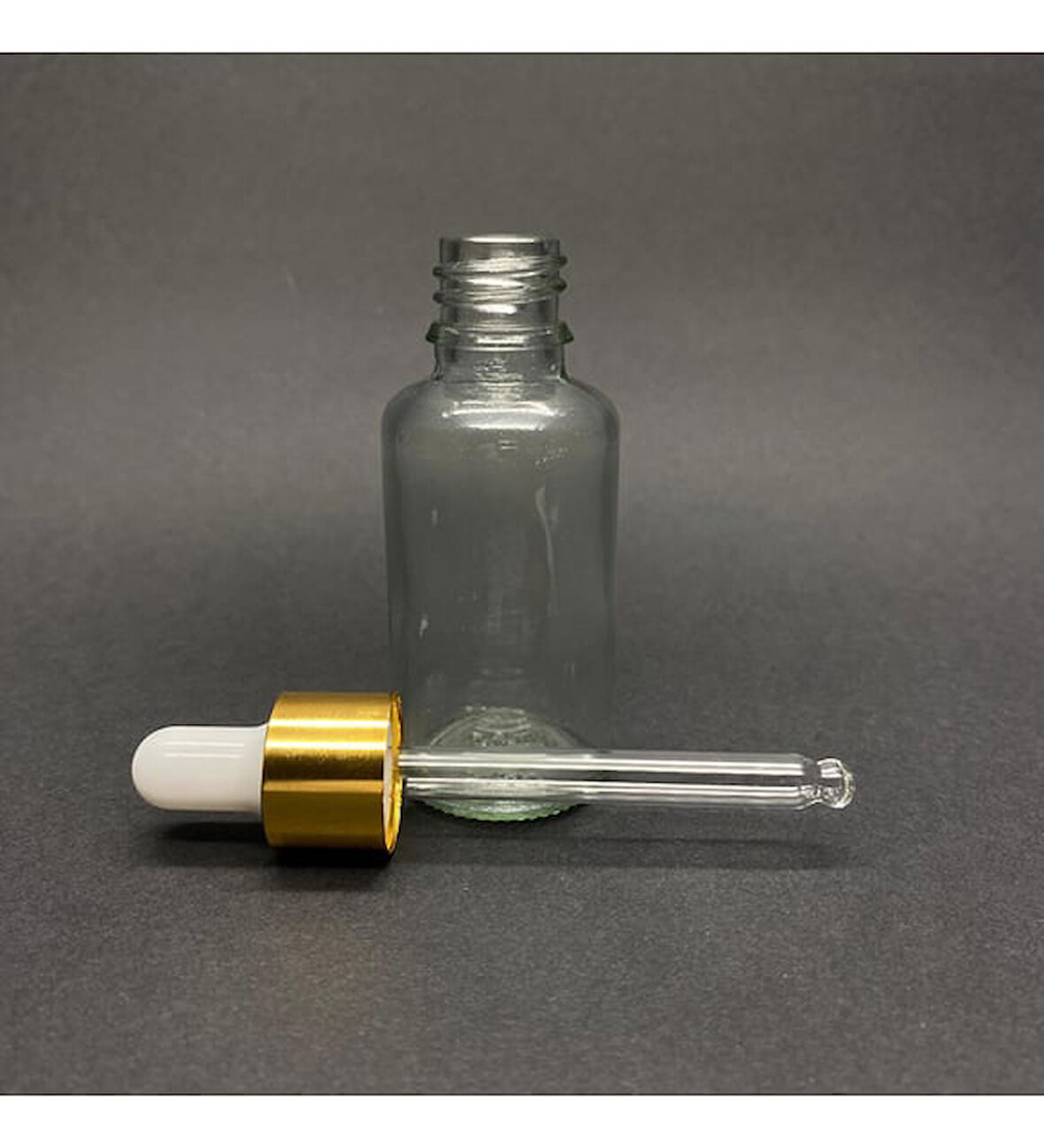 30ml Şeffaf, Cam Şişe, 24 adet, Cam Damlalıklı, Ecza şişesi, Propolis şişesi, Gold Kapak Beyaz Emzik