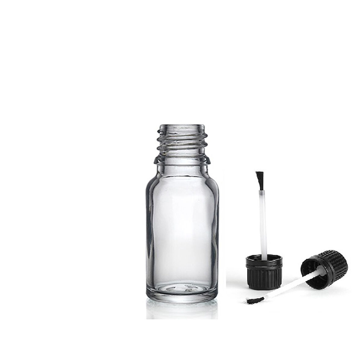 10ml şeffaf cam şişe fırça kapaklı, 24 adet, ecza şişesi, kozmetik şişe, yapıştırıcı şişesi, yağ şişesi