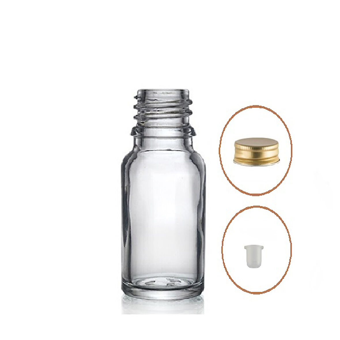 20ml şeffaf şişe sarı metal düz kapaklı, 24 adet, cam şişe, esans şişesi, yağ şişesi, kozmetik şişesi