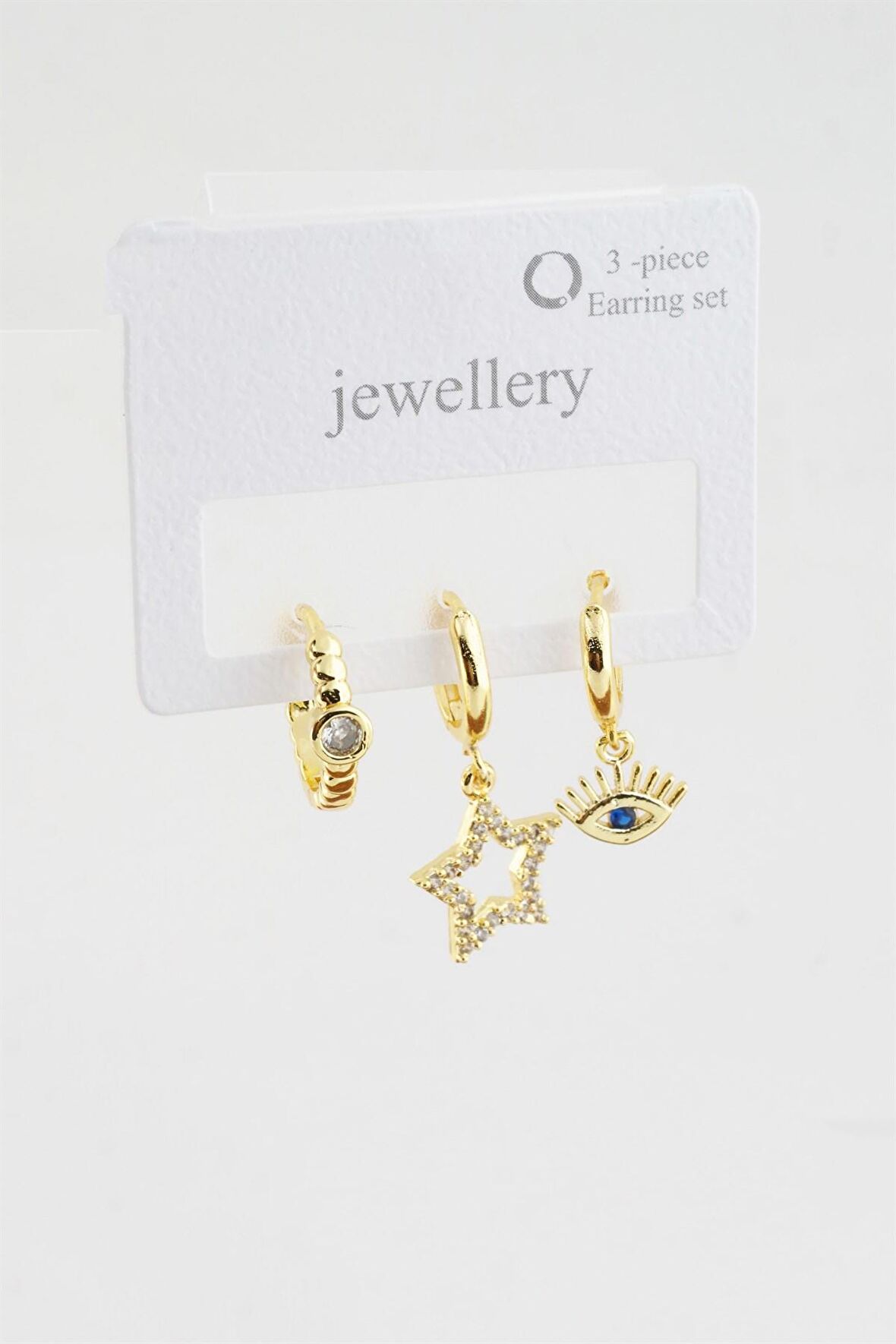  Kadın Zirkon Taşlı Yıldız ve Göz Figürlü 3'lü Küpe Seti 