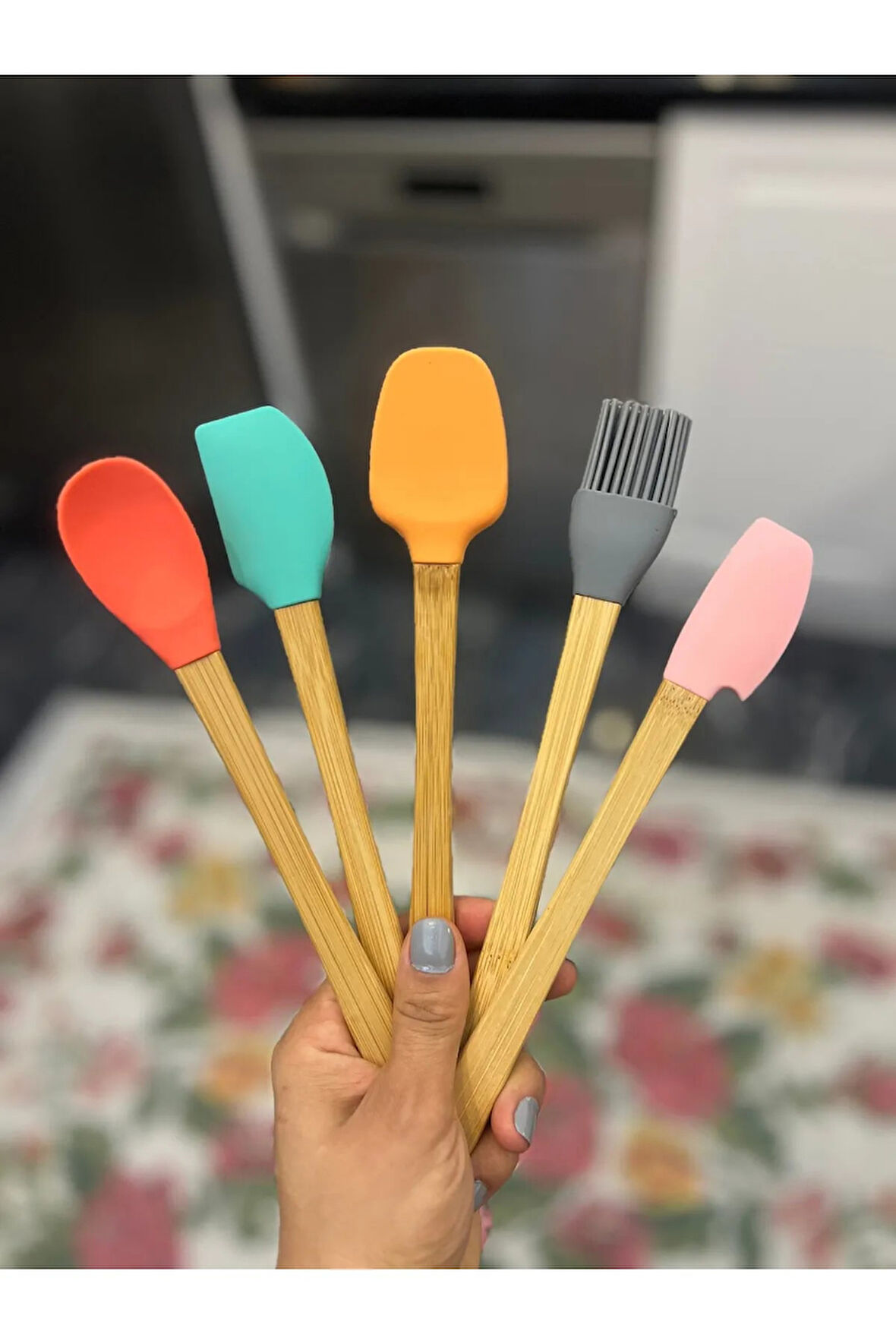 5&amp;#39;li Renkli Ahşap Saplı Silikon Uçlu Spatula Fırçalı Kaşık Seti -Yemek Hazırlık Seti 21 Cm