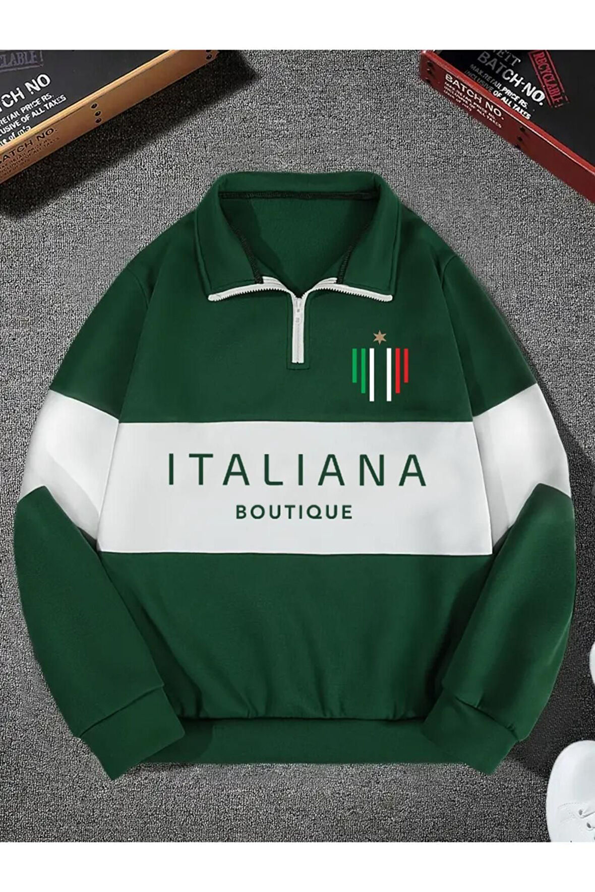 Unisex Yeşil Boutique Baskılı Oversize Parçalı Polo Yaka Fermuarlı Sweatshirt