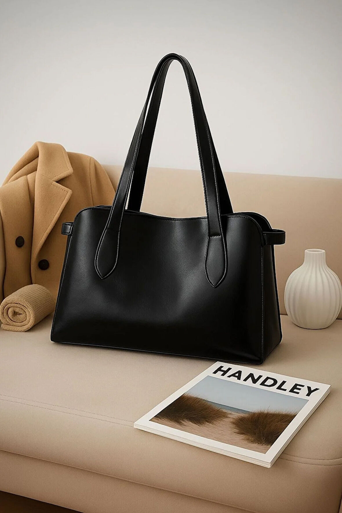 Lüks Deri Tote Çanta Çift Saplı Klasik