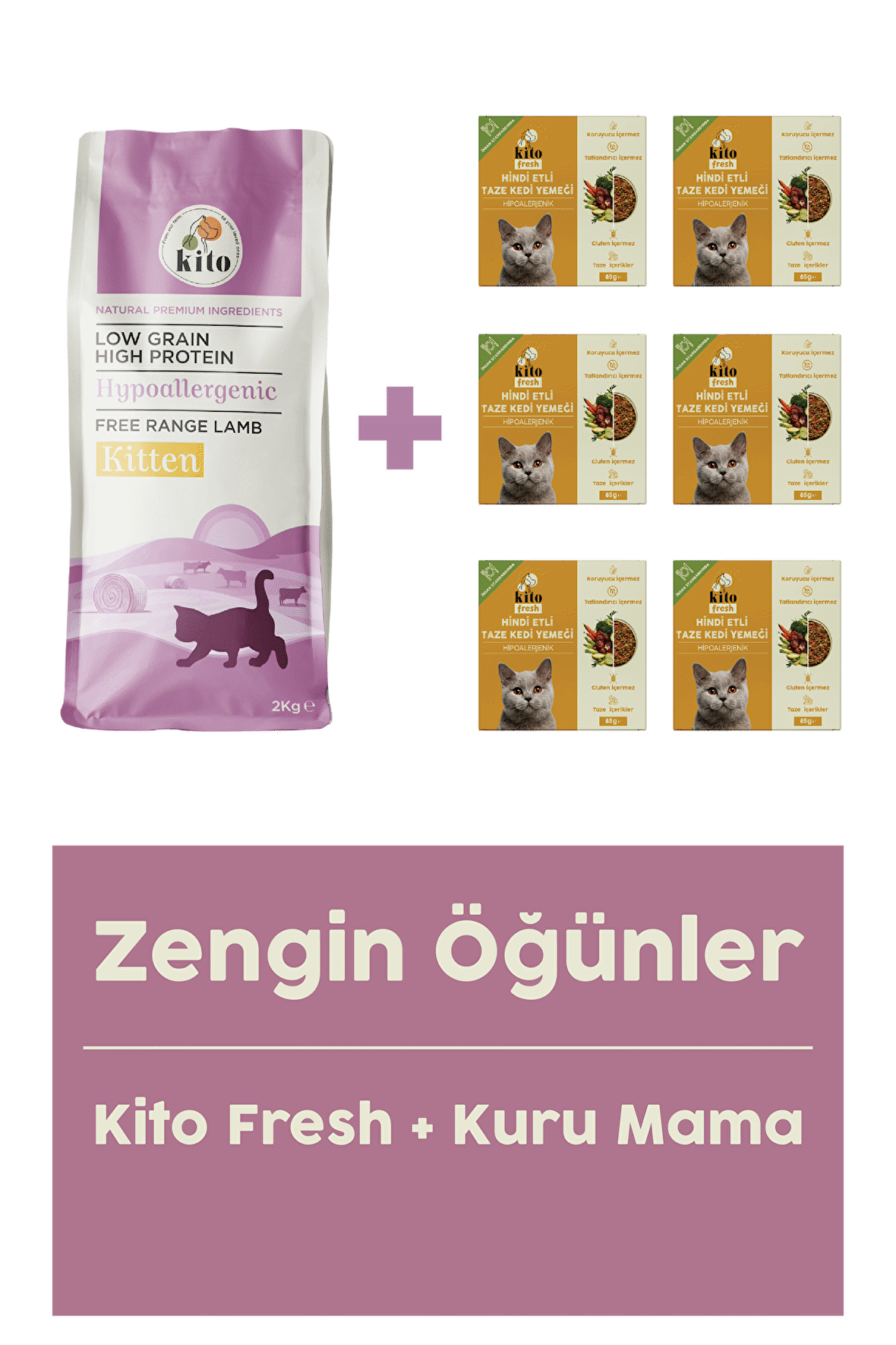 Yavru Kedi Maması 2 Kg + Fresh Hindi Etli Taze Köpek Yemeği X 6