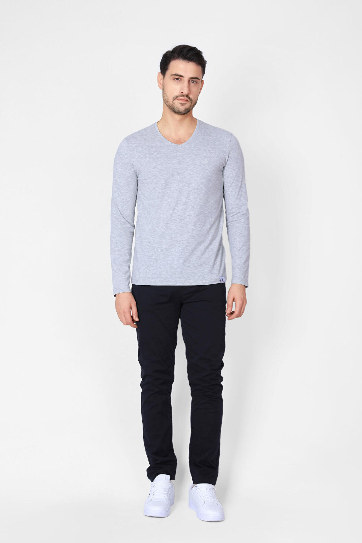 Adam Boxes V Yaka Uzun Kollu T-shirt NP-Trelargo - Açık Gri