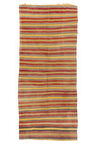 123x280 cm Sarı, Kırmızı ve Gri Çizgili Çizgili Eski El Dokuması Kilim Yolluk, %100 Yün Halı