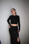 Basic Düz Renk Maxi Etek Crop Kazak Takım
