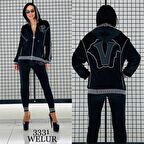 Kabartmalı Crystal Taşlı Kadife Eşofman Takımı - SİYAH GÜMÜŞ