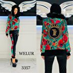 Güllü Kürklü Crystal Taşlı Kadife Eşofman Takımı - YEŞİL