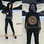 Derili Kürklü Crystal Taşlı Eşofman Takımı - SİYAH GOLD